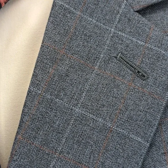 Joseph Feiss Mens 50R Blue Silk Wool Plaid Suit Jacket Blazer Windowpane